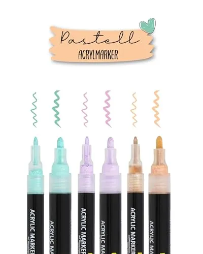 ONLINE 6er-Set Acryl-Stifte Pastell Beige, Lavendel, Türkis I Stark deckendes Handlettering Set mit Fineliner & Marker I pastellige Acryl Marker für DIY-Projekte I für Papier, Glas, Holz, Stein, Stoff