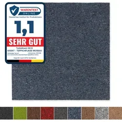 Teppichfliesen Moscow Selbstliegend 50x50 cm Blau – Pflegeleichter Bodenbelag für Büro und Wohnraum - Robuste, selbstliegende Teppichfliesen in Blau: Ideal für Büros und Hotels, schnell verlegt und pflegeleicht. Nutzungsklasse 31 für hohe Beanspruchung.