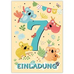 JUNAPACK Einladungskarten Koala Einladungen zum 7. Geburtstag Karten für Kinder Tiere, Einladungskarten zum 7. Geburtstag mit Koala Motiv