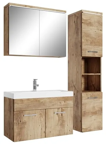 Badplaats B.V. Badezimmer Badmöbel Set Paso LED 80cm - Komplett-Set für modernes Badezimmer mit Unterschrank, Waschbecken aus Kunstmarmor und LED-Spiegelkast. Nachhaltige Materialien und elegantes Design vereinen Funktionalität und Stil.