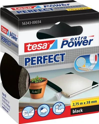 tesa Gewebeband extra Power Perfect Schwarz 38 mm - Klebeband aus witterungsbeständigem Zellwollgewebe, geräuscharm abrollbar und selbsthaftend. Ideal für vielseitige Anwendungen im Innen- und Außenbereich.