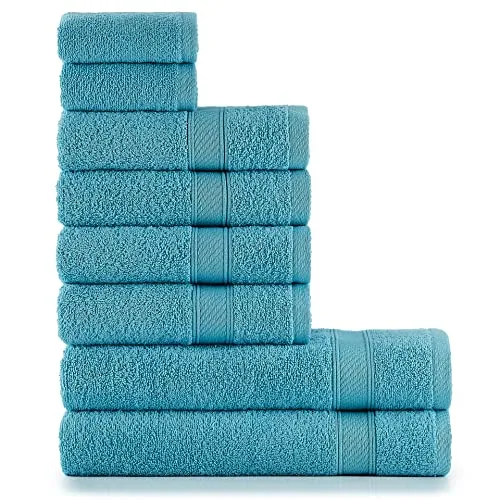nottoc Handtücher Set Türkis 8-TLG / 2 Badetücher 70x140 + 4 Handtücher 50x90 + 2 Gästehandtücher 30x50 - Handtuch mit Aufhänger 100% Baumwolle Saugfähige Weiche Luxus Duschhandtücher
