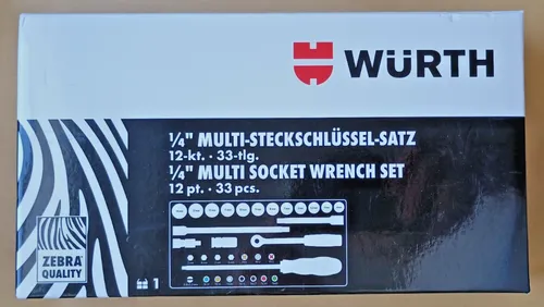 WÜRTH 33-tlg. Zebra Knarrenkasten 1/4 Zoll - Vielseitiges Steckschlüssel Sortiment - Steckschlüssel-Satz mit 33 Teilen, inkl. magnetischem Halter und schwenkbarem Kopf für optimale Handhabung und Flexibilität bei allen Reparaturen.