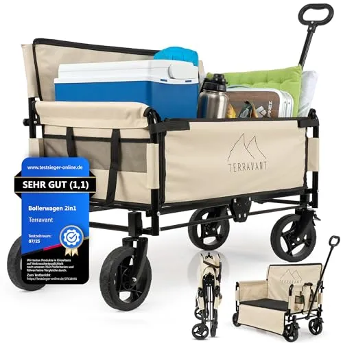 Terravant Bollerwagen Faltbar Kinder mit Bremsen und Sitzbank, Faltbarer Bollerwagen Strand, Strandwagen, Handwagen faltbar für Camping, Festivals und Ausflüge,120kg Traglast, 300L Volumen