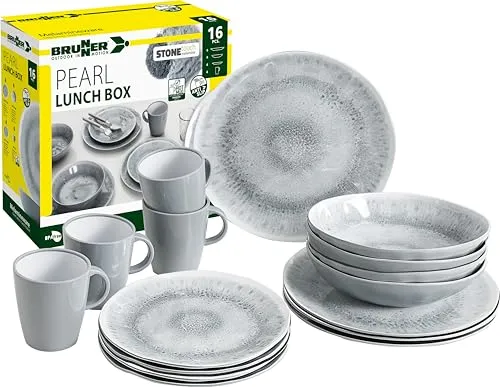 BRUNNER Melamin Ess Geschirr Set 16-teilig – Ideal für Camping und Reisen - Camping-Zubehör mit elegantem Keramik-Look, 16-teiliges Set für 4 Personen, inklusive Anti-Slip Boden für sicheren Halt während der Nutzung.