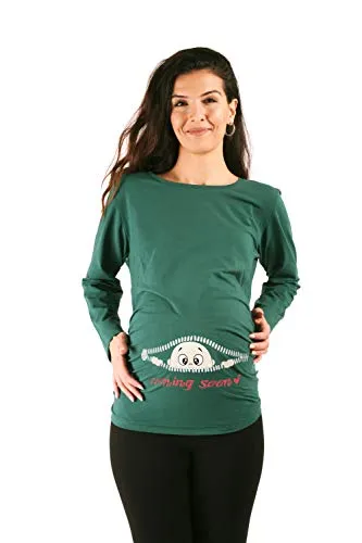 Coming Soon - Lustige witzige süße Umstandsmode Umstandsshirt Sweatshirt Schwangerschaftsshirt mit Motiv für die Schwangerschaft, Langarm (Dunkelgrün, Large)