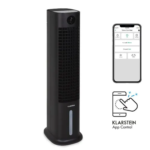 Klarstein Skytower Grand Smart Ventilator – 4-in-1 Luftkühler mit Wasserkühlung und App-Steuerung - Klimaanlage 4-in-1: Der Klarstein Skytower Grand Smart bietet Ventilation, Kühlung, Luftreinigung und Befeuchtung. Ideal für angenehme Raumtemperaturen mit 480 m³/h Luftdurchsatz und WLAN-Steuerung.