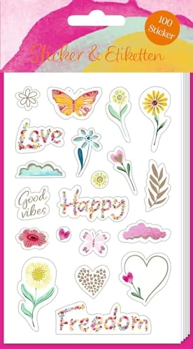 Stickerbogen mit 100 Stickern: Love & Happiness: Dekosticker für Erwachsene mit Goldfolie für Grußkarten, Planer und DIY-Projekte