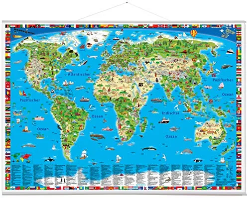 Erlebniskarte „Illustrierte Weltkarte“ mit Metall-Beleistung - Freizeit, Haus & Garten – Farbenprächtig und informativ, ideal für Weltenbummler jeden Alters, über eine Million verkauft und ausgezeichnet.