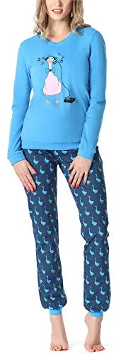 Merry Style Damen Schlafanzug Damen Schlafanzug Zweiteiler lang Pyjama Langarm Lange Hose mit Muster MS10-167 (Blau Gans, XXL)