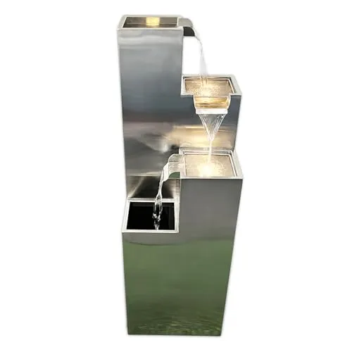 Köhko Springbrunnen Ribero-XL mit LED-Beleuchtung - Eleganter Edelstahl Gartenbrunnen mit schickem Bachlauf-Design und 3 LED-Lichtern. Ideal für Terrasse oder Garten, sorgt für entspannende Wasserspiele und hat einen geschlossenen Wasserkreislauf.