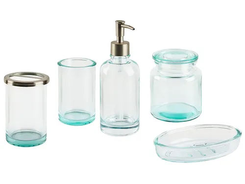 Badaccessoires Set 5-teilig AMARGA Glas Grün - Elegantes 5-teiliges Badezimmer Set aus mintgrünem Glas. Ideal für einen modernen Look, leicht zu reinigen und rostfrei. Enthält Seifenspender, Zahnbürstenhalter und mehr – perfekt für jedes Bad!