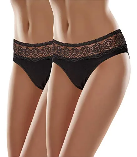 Merry Style Damen Slip MSGAB21 - 2er Pack Schwarz (Größe L) - Bikinis & Taillenslips für Damen, aus hochwertiger Baumwolle mit Elasthan für optimalen Komfort und perfekte Passform, ideal für den täglichen Gebrauch.