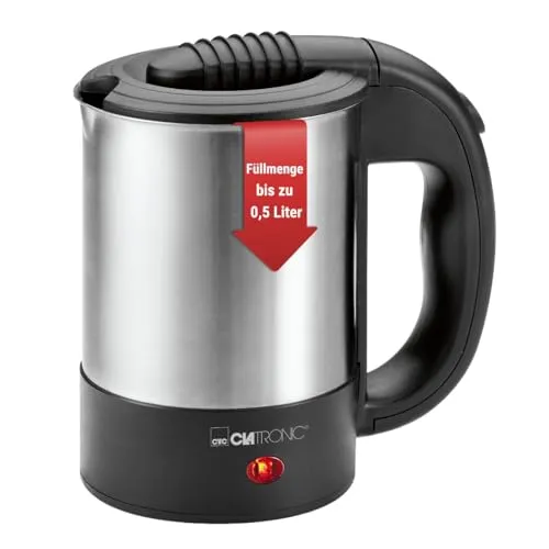 Clatronic Wasserkocher WKR3624 - Reisekocher aus Edelstahl - Kompakter Wasserkocher mit 0,5 Liter Fassungsvermögen, 1000 Watt Leistung und BPA-freiem Edelstahlgehäuse für sicheres und aromatisches Kochen. Ideal für Reisen!