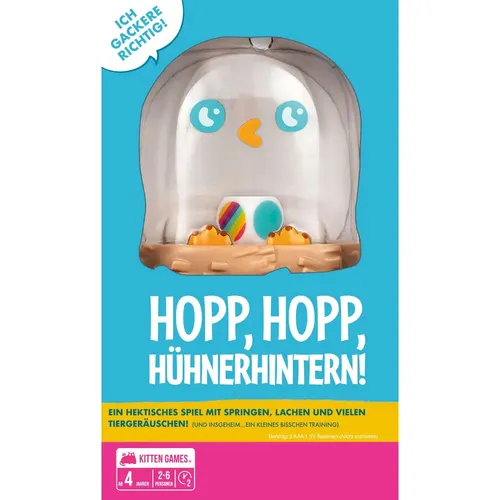 EXKD0042 - Hopp, hopp, Hühnerhintern - Ein spannendes und lustiges Spiel für 2-6 Spieler ab 4 Jahren. Erlebe hektische Aktionen und viele Tiergeräusche, während ihr das gackernde Huhn schnell weiterreicht. Ideal für Spaß und Bewegung!