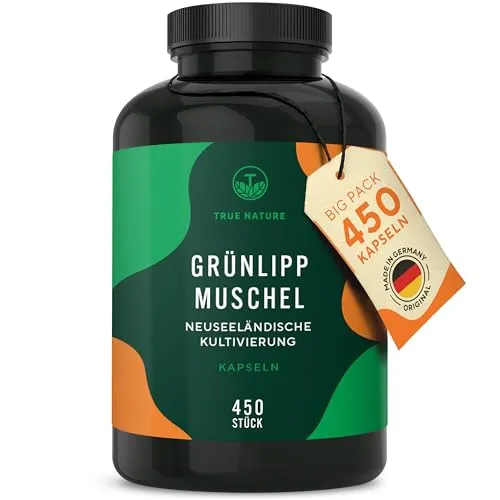 Grünlippmuschel Kapseln - 450 Stück, hochdosiert mit 2000mg pro Tagesdosis - Omega-3 Öl: 450 Kapseln für 112 Tage, 100% reines Muschelfleisch aus Neuseeland, ohne Zusatzstoffe und in Deutschland abgefüllt.