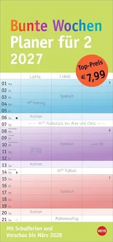 Bunte Wochen Planer für 2 2027: Praktischer Wandplaner für zwei mit 3 Spalten. Wandkalender mit Schulferien und 3-Monats-Ausblick aufs Folgejahr. Terminkalender 2027 zum Eintragen.