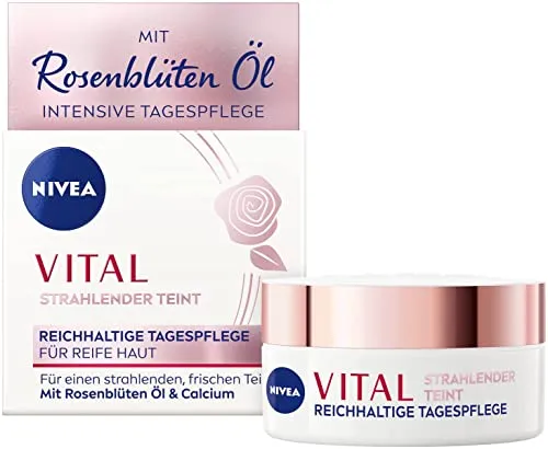 NIVEA VITAL Strahlender Teint Reichhaltige Tagespflege für reife Haut (50 ml), Feuchtigkeitscreme mit Rosenblüten Öl und Calcium, Gesichtspflege für gestärkte Haut