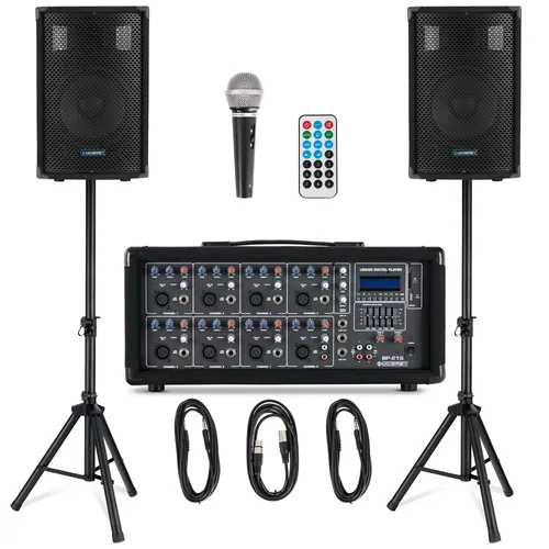 McGrey BP-215 Bandpack PA-Anlage 150 Watt - 8-Kanal Powermixer mit digitalem Hall, Bluetooth®-Empfänger und USB/SD-Slot, ideal für Proberäume und kleine Bühnen, inklusive Mikrofon, Stative und Kabel für sofortigen Einsatz.