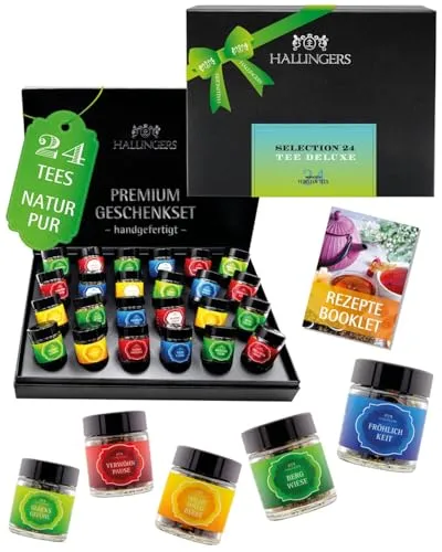 Hallingers Genuss Manufaktur Tee Geschenkset - 24 Sorten Premium loser Tee im Glas in edler Geschenkbox, vegan & glutenfrei, Tee Set "Selektion No. 2" Probierset, Geschenkidee für Frauen, Weihnachten