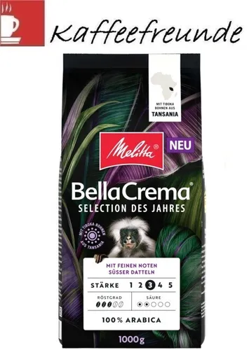 Melitta BellaCrema Selection des Jahres - Ganze Kaffeebohnen 8 x 1kg - Geröstete Kaffeebohnen mit 100% Arabica, perfekt für Vollautomaten, mild und aromatisch mit Noten von Milchschokolade, vakuumverpackt für frischen Genuss.
