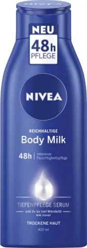 NIVEA Body Reichhaltige Body Milk 80203, 400 ml - Intensive Feuchtigkeit für schöne Haut - Ganzkörperpflege mit NIVEA Tiefenpflege-Serum, natürlichem Mandelöl und Vitamin E für 48 Stunden Pflege und Geschmeidigkeit.