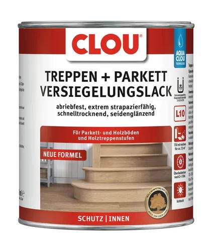 Clou Aqua Clou Treppen- & Parkettlack L10 750 ml - Hochwertiger seidenglänzender Lack für Treppen und Parkett. Ideal für den Innenbereich, sorgt für langlebigen Schutz und ansprechende Optik.