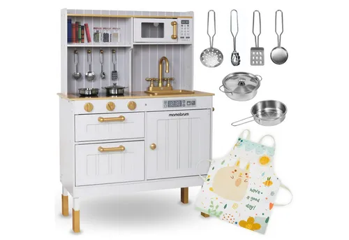 Mamabrum Kinderküche Holz - Weiße Spielzeug Küche mit 15 Teilen - Motorikspielzeug mit umfangreichem Zubehör: Fördert soziale Fähigkeiten und Kreativität beim Rollenspiel für Kinder ab 3 Jahren.
