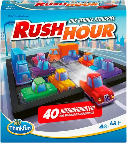 Thinkfun® Rush Hour® - Logikspiel für den Denksport - Gesellschaftsspiel: Manövriere das rote Auto durch den Stau! 40 herausfordernde Aufgabenkarten in verschiedenen Schwierigkeitsgraden fördern spielerisch deine logischen Fähigkeiten.