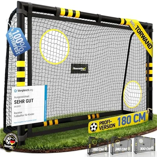 Racetex Fußballtor für Garten - 180cm x 120cm mit Anti-Rost Beschichtung - Fußballtor für Kinder und Erwachsene, mit stabilen Erdankern und Schaumstoffpolsterung für sicheres Spielvergnügen im Garten.