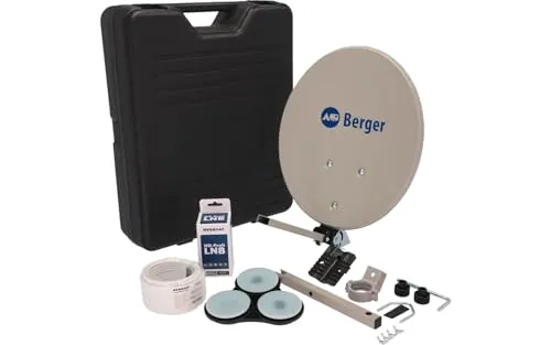 Berger Mobile Sat-Anlage Komplettset mit Single-LNB im praktischen Campingkoffer - SAT-Antennen für flexibles Fernsehen unterwegs, ideal für Camping und Reisen, einfach aufzubauen und zu transportieren.