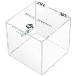 HMF Aktionsbox 46919 - Glasklarer Würfel mit Schloss - Werbeartikel: Robuste, glasklare Acrylbox mit Sicherheitszylinderschloss und Einwurfschlitz für DIN A6, ideal für Spenden und Visitenkarten.