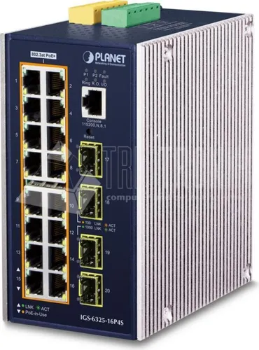 PLANET IGS-6325-16P4S - L3 Managed Switch mit PoE+ - Netzwerk-Switch mit 16 x 10/100/1000 Ports und 4 x Gigabit SFP, ideal für DIN-Schienen- oder Wandmontage, bietet 320 W PoE+ für flexible Stromversorgung.