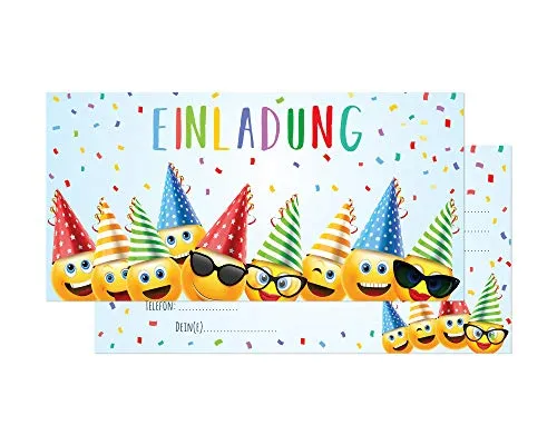 Friendly Fox Party Emoji Einladung, 12x Einladungskarten Kindergeburtstag Emojis, Geburtstagseinladung DIN lang
