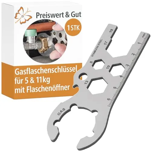 Preiswert&Gut Gasflaschenschlüssel Edelstahl Multifunktionsschlüssel für 5 und 11 kg Gasflaschen Gasregler Werkzeug für Camping Wohnwagen Caravan Boot mit Flaschenöffner
