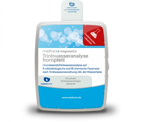 TRINKWASSERANALYSE komplett 1 St - Arzneimittel zur umfassenden Trinkwasseranalyse auf 8 Kontaminationskeime inklusive Legionellen, um die Wasserqualität sicherzustellen und mögliche Gesundheitsrisiken frühzeitig zu erkennen.