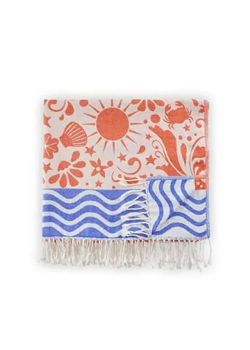 Codello Strandtuch mit Beach-Print - Stylisches Strandtuch in blau oder rot, 100 x 180 cm, beidseitig verwendbar mit Palmen- und Meeres-Motiven, ideal für den Strand und sehr strapazierfähig.