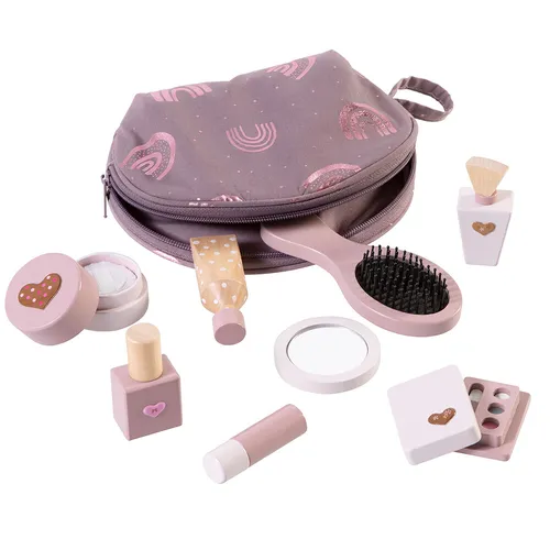 howa Spielzeug Schminkset Kosmetiktasche für Kinder - Schminke für Kinder, inklusive 8 Holz-Zubehörteilen und individuell gestaltbaren Herzaufklebern für kreativen Spielspaß.
