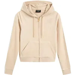 Kapuzennickijacke JUICY COUTURE "ROBERTSON HOODIE GOLD _ Damen", Damen, Gr. L, braun (brazilian sand), 95% POLYESTER, 5% ELASTAN, slim fit, Langarm, Jacken, Trainingsjacke Damen, Sweatjacke mit Kapuze, Velour, mit Glitzer, Sale