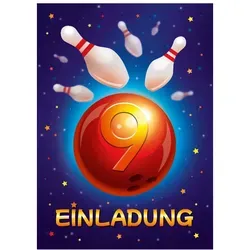 JUNAPACK Einladungskarten Bowling zum 9. Kindergeburtstag Jungen Mädchen Einladungen Kegeln, Einladungskarten zum 9. Geburtstag Bowling