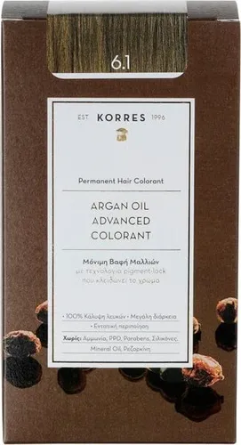 Korres Argan Oil Haarfarbe 6.1 Asch-Dunkelblond 50 ml - Permanente Haarfarbe mit Arganöl, ideal für Damen. Für langanhaltende, lebendige Farben und geschmeidiges Haar. Verdeckte graue Haare und einfache Anwendung für zuhause.