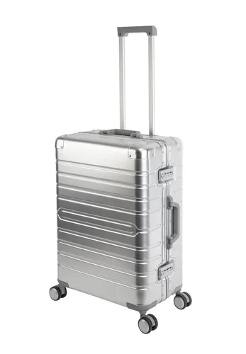 Travelhouse Oslo Aluminium Reisekoffer Silber M-65cm - Hochwertiger Hartschalenkoffer mit 70L Volumen, 4 leisen 360° Rollen und 2 TSA Zahlenschlössern für optimale Sicherheit und Komfort auf Reisen.