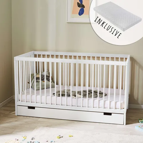 Babybett Kinderbett Gitterbett 70x140 - Höhenverstellbar & Mit Schublade - Praktisches Babybett aus stabilem Buchenholz, inklusive atmungsaktiver Matratze und herausnehmbaren Sprossen. Ideal von Geburt bis 6 Jahre, Made in Europe für maximale Sicherheit.