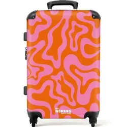 NoBoringSuitcases.com© Hartschalen-Trolley Orange mit rosa abstraktem Muster 67 cm - 72 L, 4 Rollen, Hartschalenkoffer Mittel Groß für 20kg, Frauen Reisekoffer Trolley bunt 43 cm x 67 cm x 25 cm