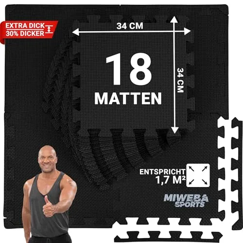 Miweba Sports Bodenschutzmatte BS50 - 8-teilig 1,7 m² für Fitness und Sport - Sportmatten mit 18 EVA-Schaumstoffmatten, rutschfest und stoßdämpfend – idealer Schutz für Böden in Fitnessräumen, Kinderzimmern oder Werkstätten!