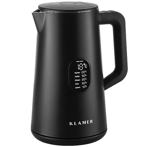 KLAMER Edelstahl Wasserkocher mit Temperatureinstellung 40-100°C - Wasserkocher mit 1,5L Fassungsvermögen, 1800W Leistung für schnelles Erhitzen und 5 Temperatureinstellungen. BPA-frei und mit Warmhaltefunktion ideal für Tee, Kaffee oder Babynahrung.