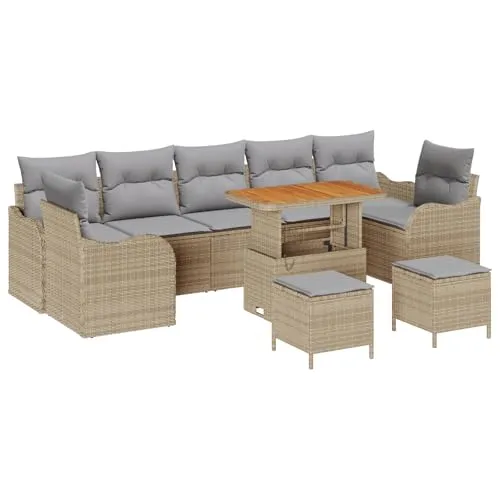 vidaXL 10-teiliges Gartensofa Set mit Kissen Beige Poly Rattan Akazie, 2-Sitzer Gartensofa mit Kissen Beige Poly Rattan, 3-teiliges Gartentisch Set