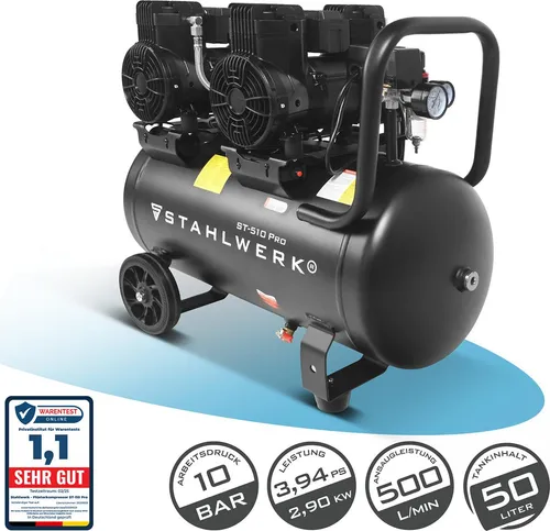 STAHLWERK Kompressor ST-510 Pro – 10 bar, 50 L, 3,94 PS - Ölfreier Druckluft-Kompressor mit 50 L Kesselvolumen und 500 l/min Ansaugleistung. Ideal für Druckluft-Werkzeuge, leise im Betrieb mit nur 70 dB und robustem Design für einfache Handhabung.