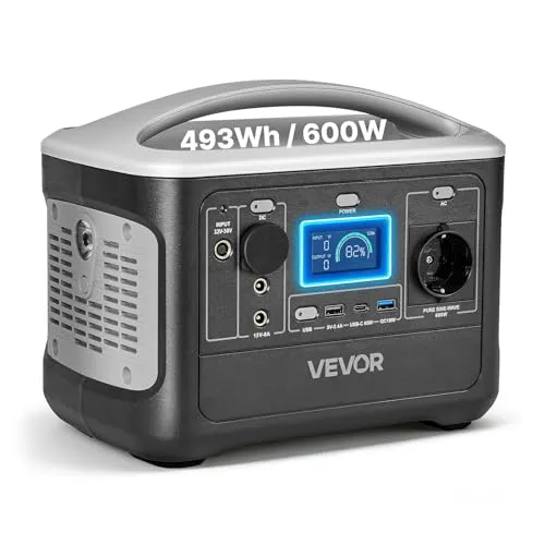 VEVOR Tragbare Powerstation 600W mit 493Wh LiFePO4-Akku - Die VEVOR tragbare Powerstation bietet mit 493 Wh und 600 W eine zuverlässige Stromversorgung für Notfälle und Camping. Kompakt und leicht transportierbar – Ihr idealer Begleiter für Outdoor-Abenteuer!