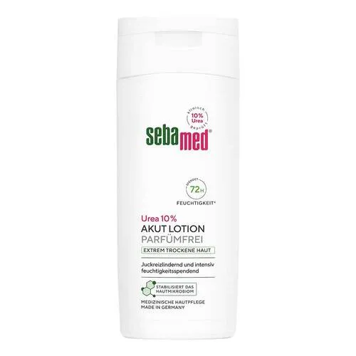 sebamed Bodylotion Akut Lotion parfümfrei mit Urea 10% - Intensive Feuchtigkeit für sehr trockene Haut mit 10% Urea. Hochverträgliche, parfümfreie Formel für geschmeidige Haut. Dermatologisch getestet und für empfindliche Haut geeignet. Inhalt: 200ml.
